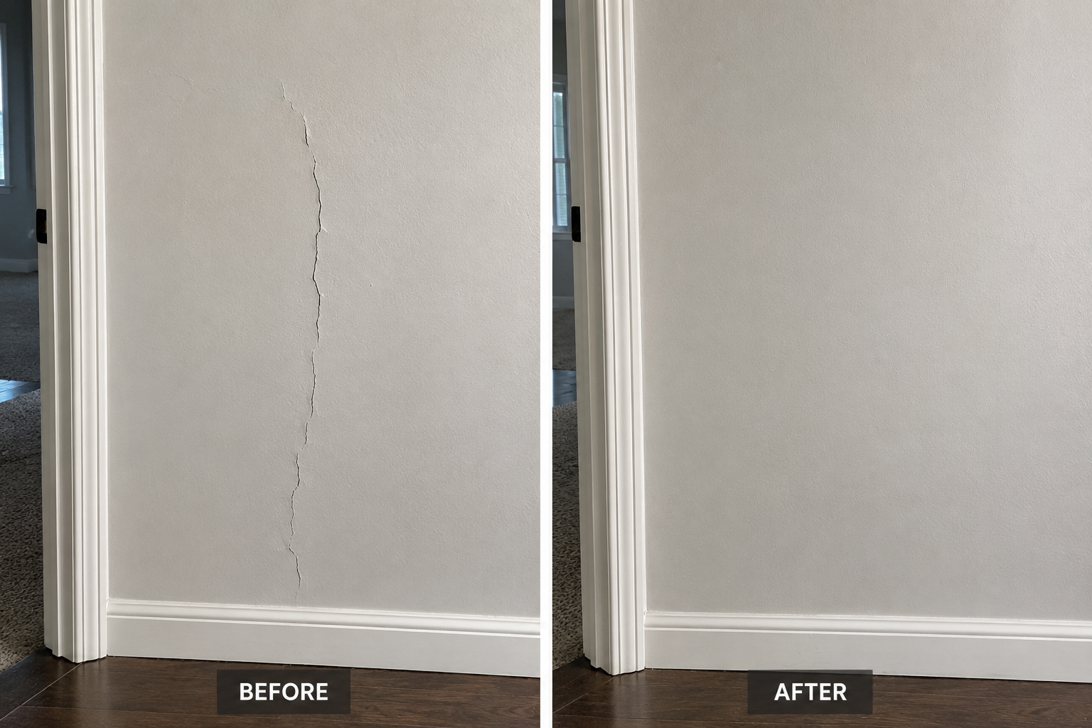 Vertical drywall crack before and after repair