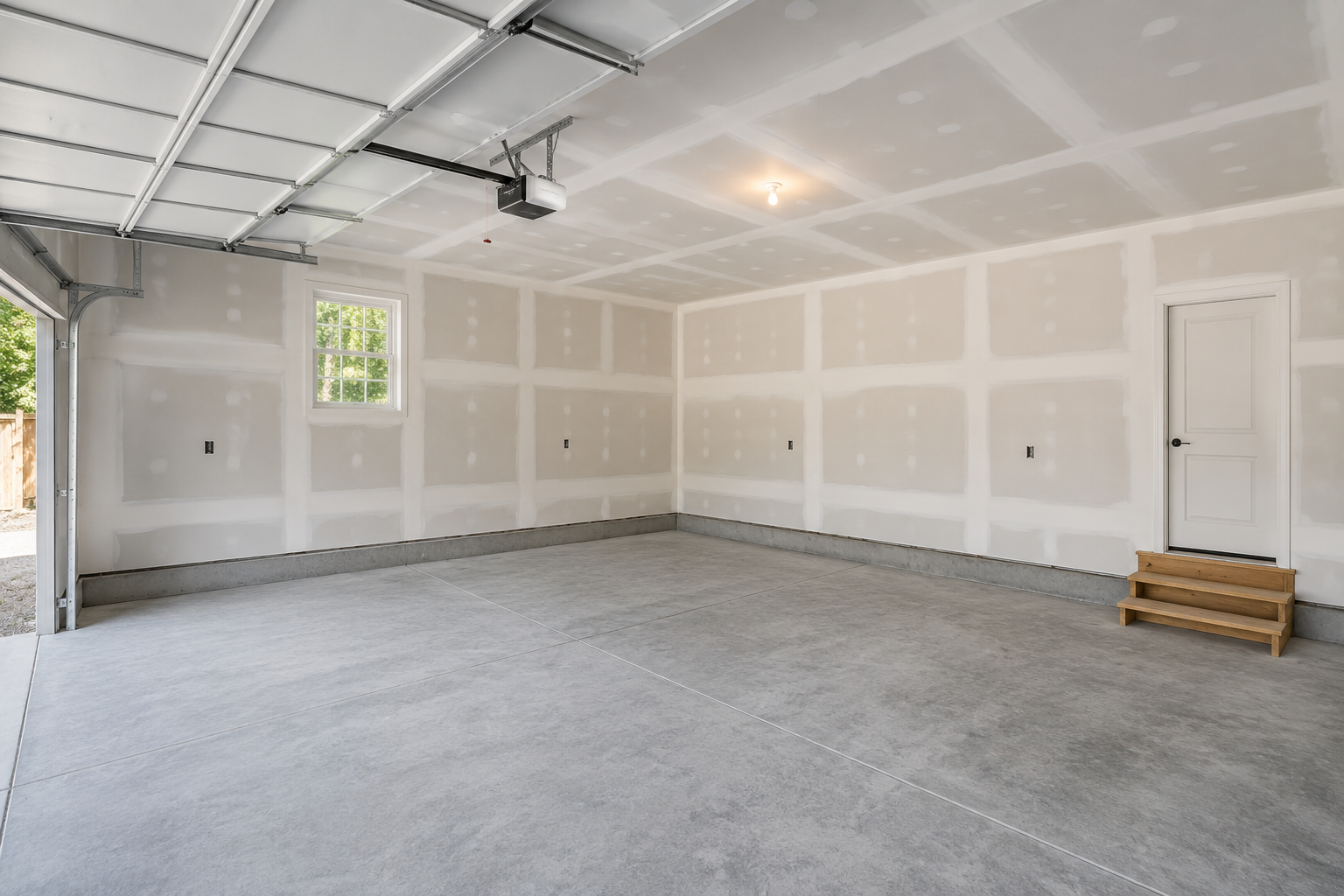 Garage with newly hung and taped drywall