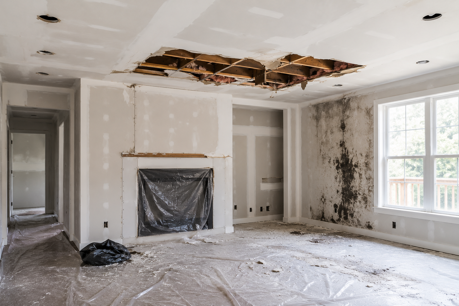Room with ceiling damage and mold on the wall awaiting insurance repair