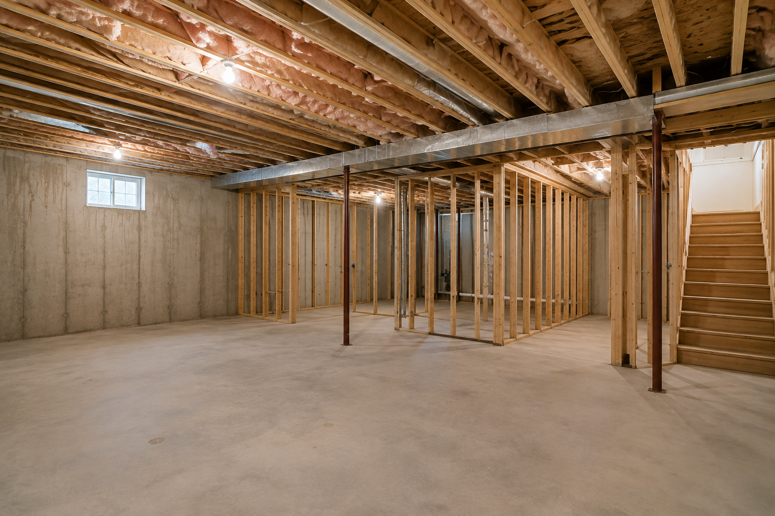 Unfinished basement framed and ready for drywall