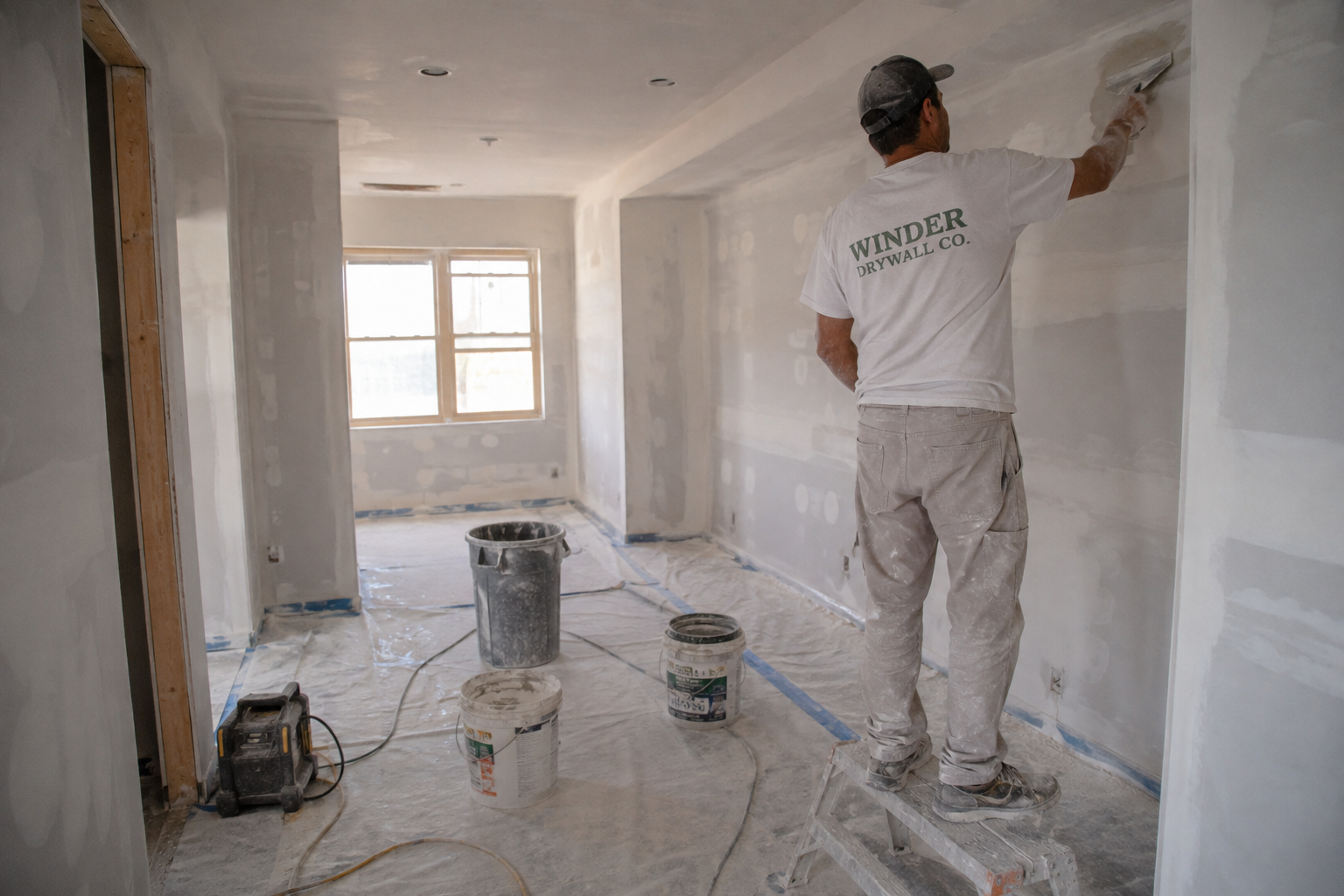 Winder Drywall Co. installer skim coating a newly hung drywall wall