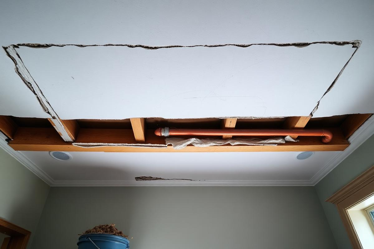 Ceiling section removed after a pipe leak, exposing joists and the plumbing above