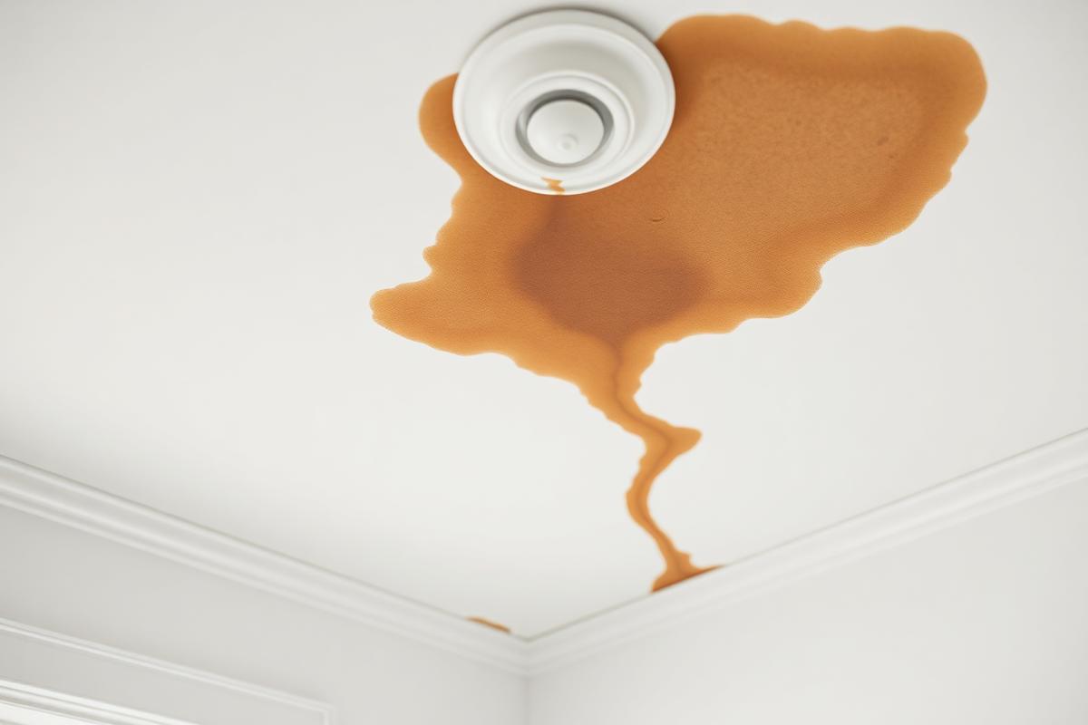 Brown water stain spreading across a white ceiling around a light fixture after a leak