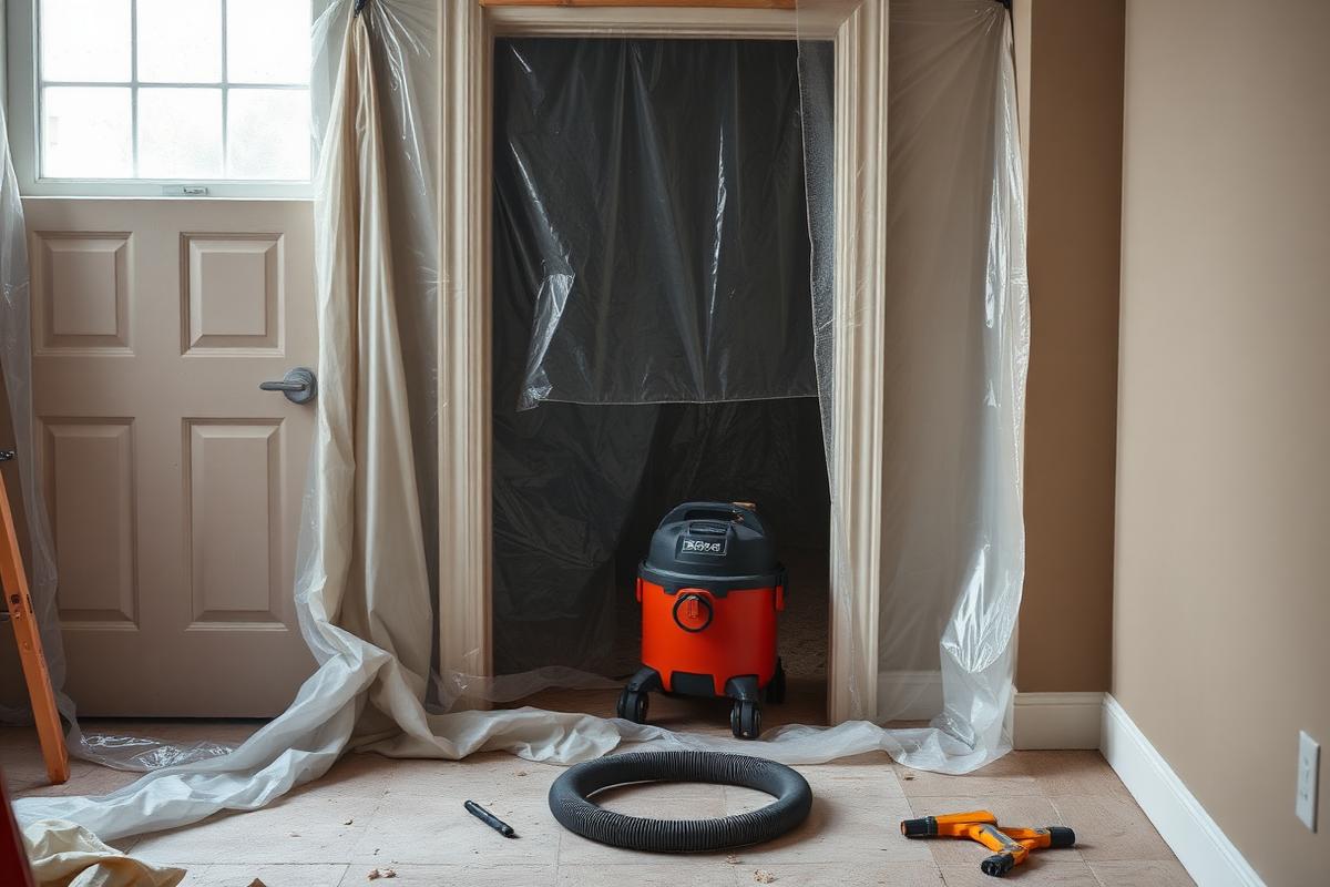 Plastic sheeting taped over a doorway with a vacuum staged behind it to contain drywall dust