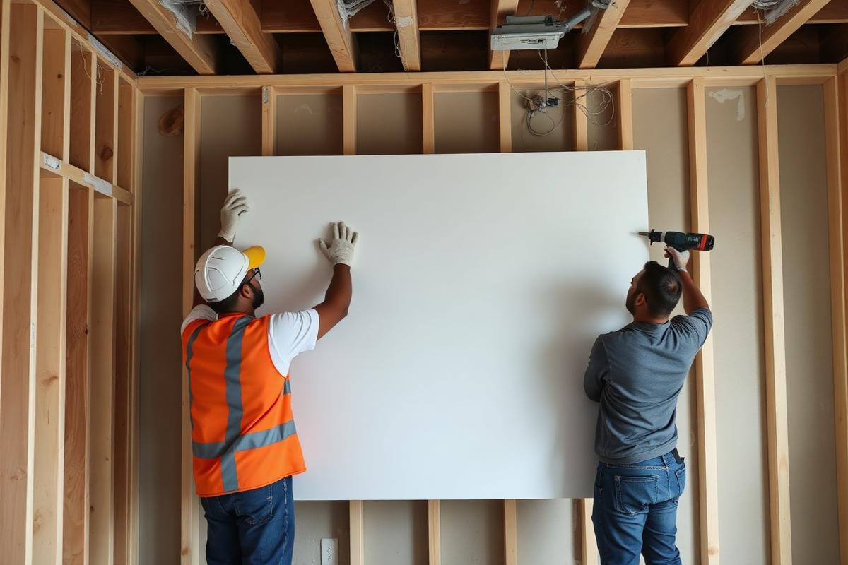 Two workers lifting a full sheet of drywall into place against studs during a replacement