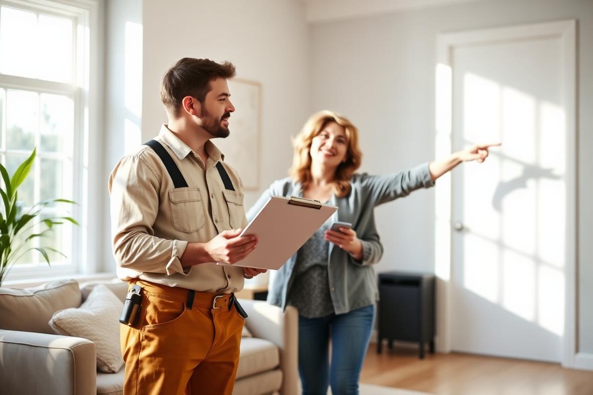 Contractor with a clipboard walking a homeowner through repair areas in a bright living room