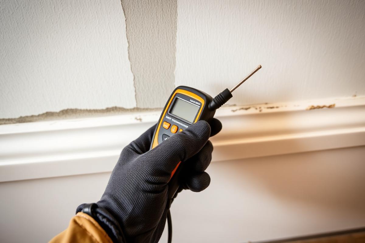 Moisture meter probe being pressed into a damp wall to check whether the board can be saved
