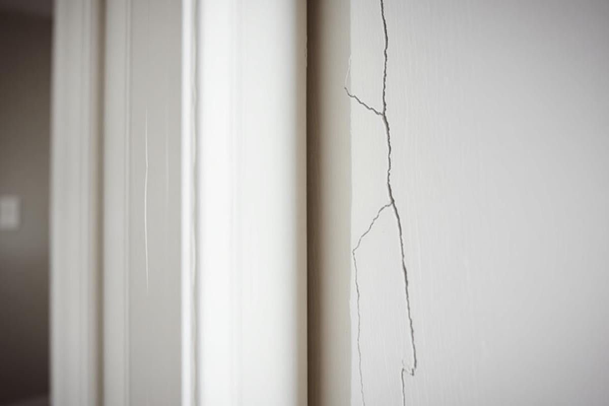 Hairline crack running along a corner bead beside a door casing in a painted room