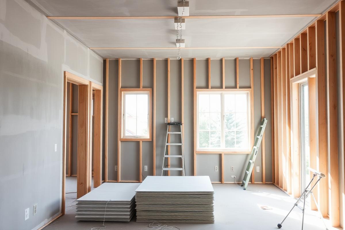 New construction interior partway through drywall hanging with a stack of sheets on the floor