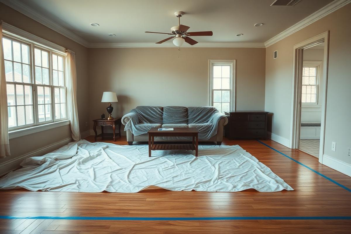 Living room furniture pulled to the center and covered, floors protected with drop cloths