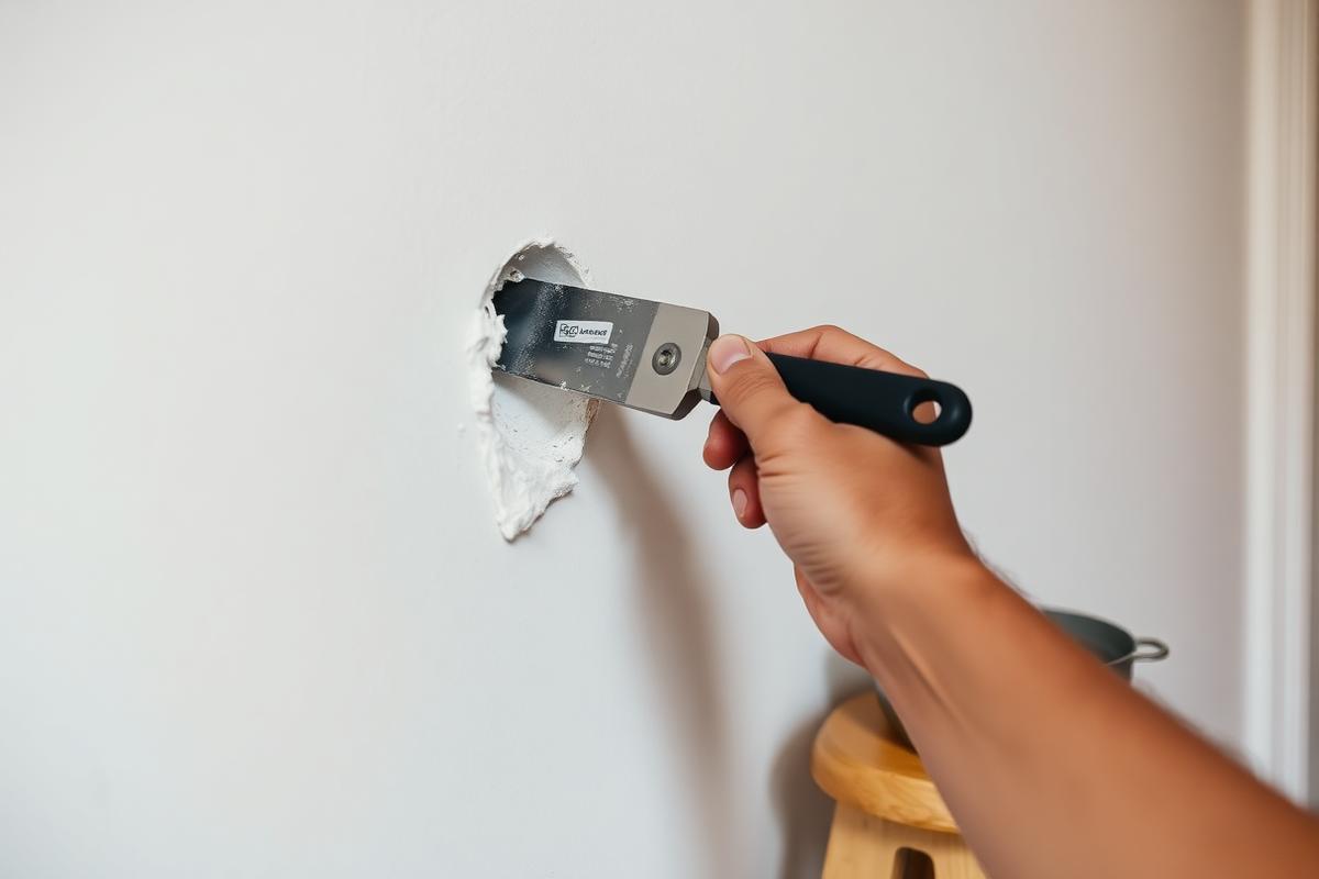 Putty knife filling a small doorknob-sized hole in a hallway wall with joint compound