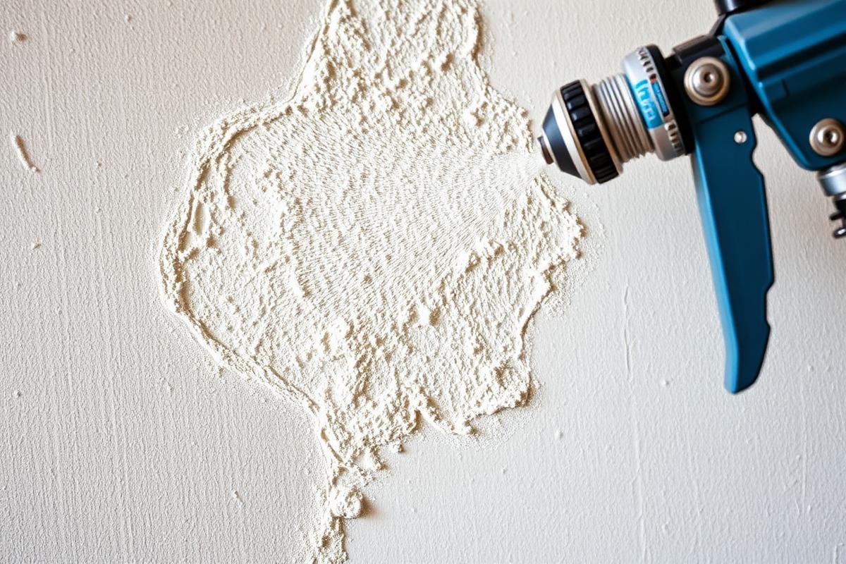 Texture being sprayed onto a patched area with a hopper gun to match the existing wall