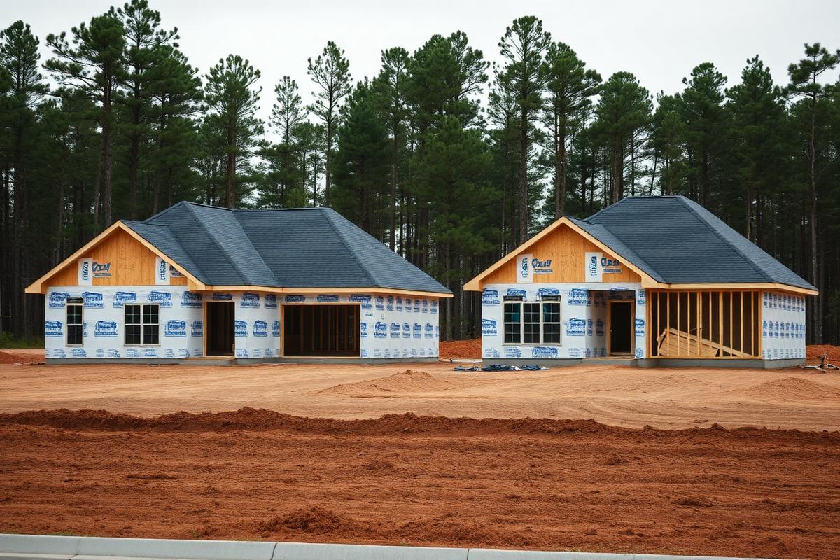 Framed houses under construction in a Northeast Georgia subdivision on a builder schedule